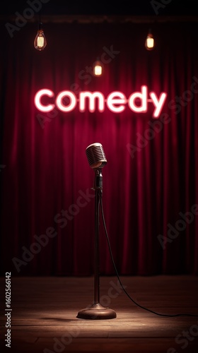Vintage microphone on a comedy stage with red curtains and glowing lights, creating an inviting atmosphere for performances.