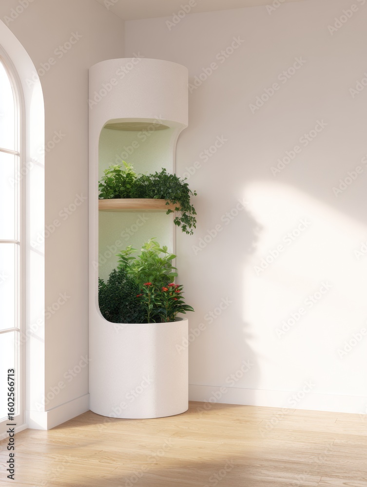 Fototapeta premium Vertical hydroponic tower in minimalist hallway for modern interior design
