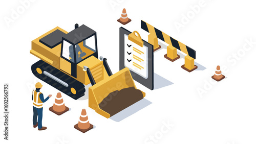 Isometric construction site scene featuring a bulldozer worker cones barrier and checklist board item