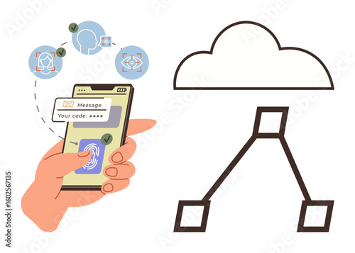 Hand holding phone with two-step authentication, fingerprint scanner, and secure code. Cloud computing, encryption, and network connection. Ideal for cybersecurity, technology, data storage