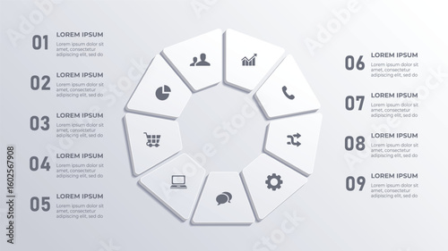 3D White Circle Infographic with 9 Steps – Vector Business Infographic Template 