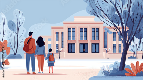 School Days: Vector illustration of a family arriving at school. Education, parenting, childhood, back to school concept. Asian school design. Calm, peaceful.
