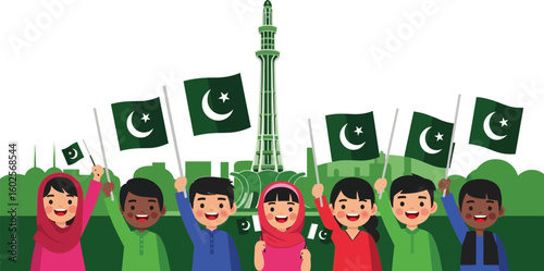 Celebrating pakistan independence day with children holding pakistan flags