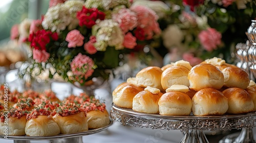 Fluffy dinner rolls with butter served in an elegant buffet arrangement. 