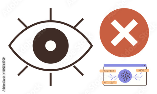 Large eye and cross mark emphasize restricted access, paired with a tech-based digital interface. Ideal for cybersecurity, privacy, prohibition, technological caution, UX design, data protection