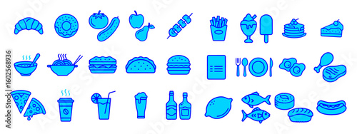Fast food related icon set. Burger, fast snacks, sandwich, fries, hot dog, burrito, pizza vector illustrations. Street food color icons.