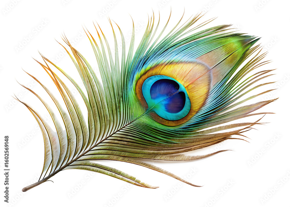 Obraz premium ethereal elegance a majestic peacock feather isolated on white background PNG, AI GENERATED