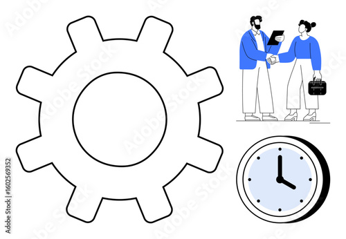 Gear representing process, clock symbolizing time, and handshake between businesspeople highlight collaboration. Ideal for teamwork, workflow, time efficiency, business planning, productivity
