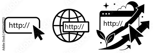 Set of Web Growth and Internet Access with HTTP URL, Global Connectivity and SEO Development — Symbol of Digital Ecosystem, Online Marketing and Web Technology


