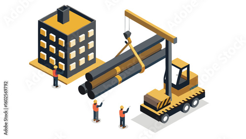 Isometric illustration of a crane lifting pipes near a building with workers overseeing the operation