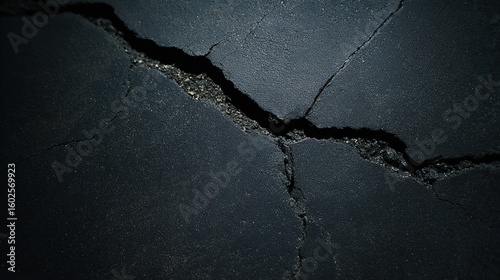 Abstract dark concrete surface with raw texture variations, highlighting weathered cracks and aggregates under moody lighting.