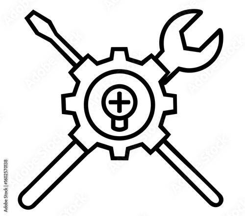 Technical Support and Maintenance with Gear, Wrench, and Screwdriver. Engineering, Innovation, System Configuration, and Repair Tools

