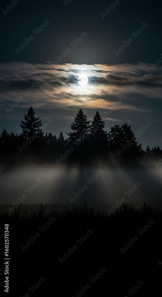 Fototapeta premium Mysterious Foggy Night with Full Moon 