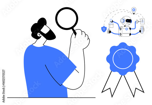 Person holding magnifying glass, robot conducting tasks, badge suggesting approval, trust. Ideal for AI innovation, automation, trust, inspection analysis quality assurance research. Simple flat