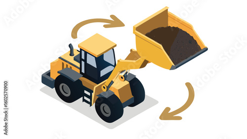 Isometric view of a yellow loader with a scoop full of dark material and curved arrows around it