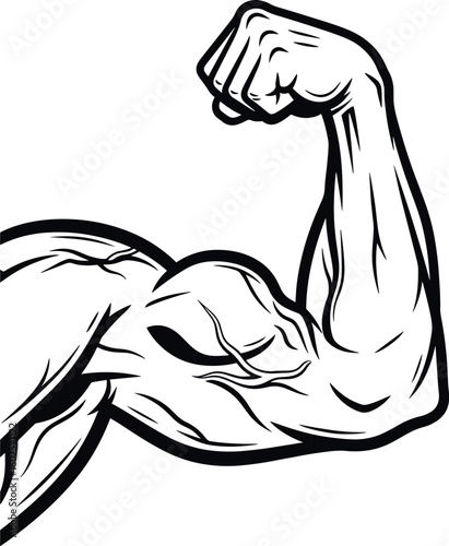 muscle arm, black and white vector illustration, gym and fitness symbol.