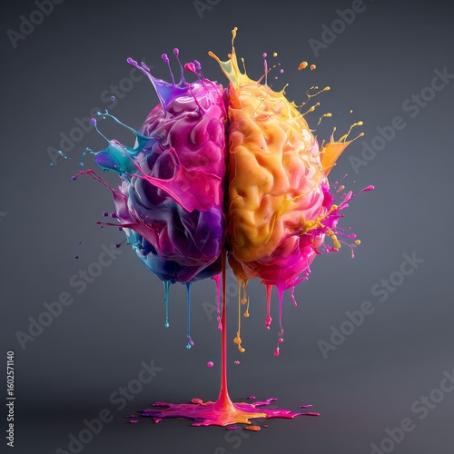 Vibrant brain bursting with colorful paint splashes against a clean background. A dynamic and artistic representation of creativity, ideas, intelligence, and mental processes.