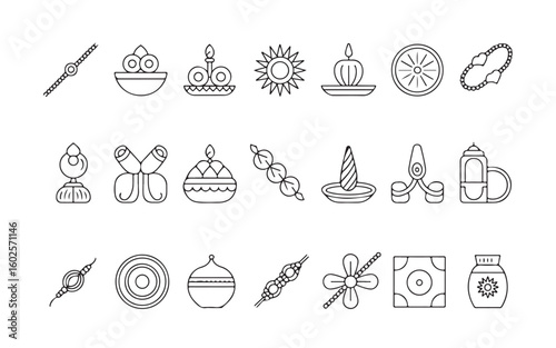 Indian festival symbols line art icons including rakhi diyas and sweets vector