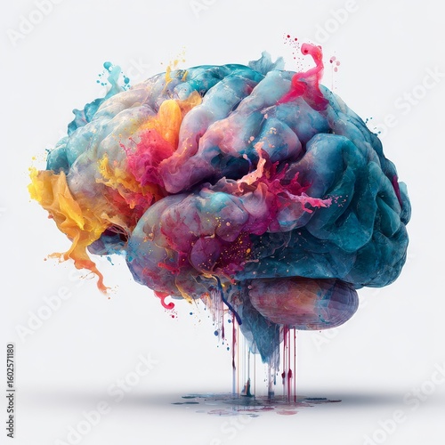 Vibrant brain bursting with colorful paint splashes against a clean background. A dynamic and artistic representation of creativity, ideas, intelligence, and mental processes.