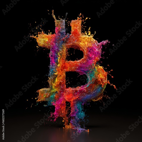 Dynamic Bitcoin symbol crafted from vibrant, exploding paint splashes against a dark background. A striking and artistic representation of cryptocurrency and digital finance.