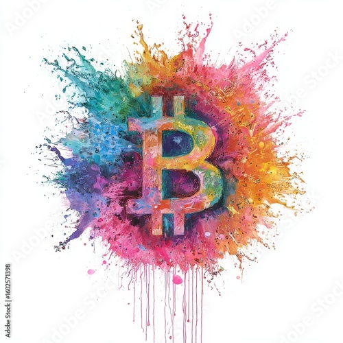 Dynamic Bitcoin symbol crafted from vibrant, exploding paint splashes against a dark background. A striking and artistic representation of cryptocurrency and digital finance.