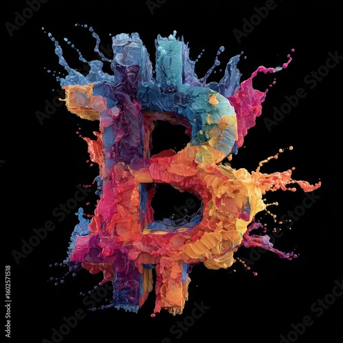 Dynamic Bitcoin symbol crafted from vibrant, exploding paint splashes against a dark background. A striking and artistic representation of cryptocurrency and digital finance.