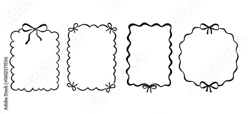 Whimsical coquette frame with ribbon and bow for party or valentine holiday card. Hand drawn line and decorative border
