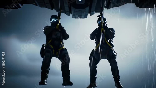 Two soldiers rappelling from a helicopter in a stormy sky