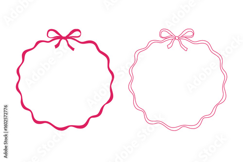 Hand drawn circle frame with bow and whimsical ribbon for cute card or holiday menu. Decorative pink line and vintage border in coquette style.