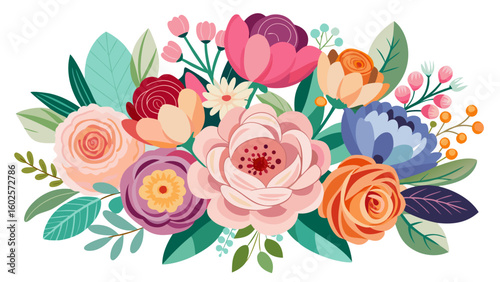 Vector art of a colorful and lively floral bouquet featuring a variety of blossoms and leaves isolated on white background