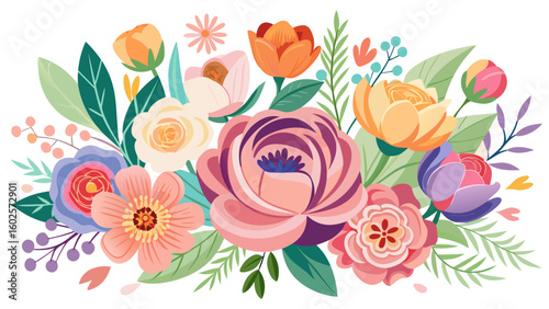 Vector art of an exquisite collection of stylized flowers and leaves in a harmonious arrangement isolated on a white background