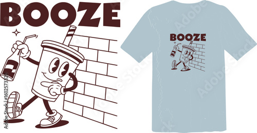 "BOOZE" Slogan with Retro Cartoon Drink Cup Character and Bottle T-Shirt Design