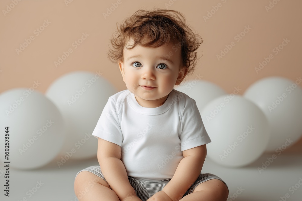 Charming baby in white shirt sitting with white balloons, showcasing innocence and cuteness. Perfect for family and childhood themes. Charming baby in white shirt sitting with white balloons, showcasing innocence and cuteness. Perfect for family and childhood themes.