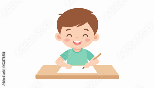Smiling cartoon boy with brown hair and rosy cheeks writing on paper at a desk.