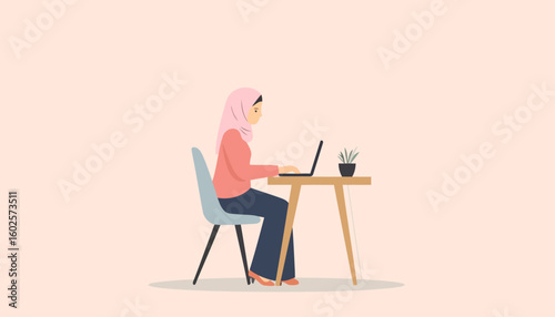 Side profile illustration of a Muslim woman in a pink hijab and coral shirt, working diligently on a laptop at a wooden desk.