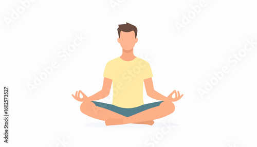 Faceless young man in a yellow t-shirt and blue shorts meditating in a calm lotus pose.