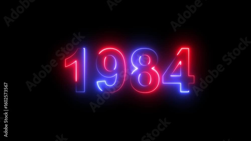 Neon text calendar 1984 animation, glowing neon icon blue and orange colors 4k video. Neon light countdown 1984 Sal number icon background 4k animation.