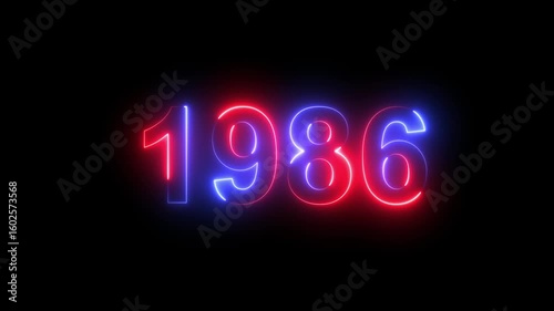 Neon text calendar 1986 animation, glowing neon icon blue and orange colors 4k video. Neon light countdown 1986 Sal number icon background 4k animation.