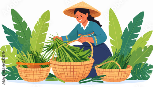 Smiling Asian woman in a conical hat gathering fresh green leaves into woven wicker baskets.