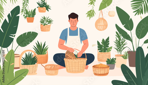 Serene man in a white apron sitting cross-legged, carefully tending to a plant in a wicker basket, surrounded by his lush indoor garden.
