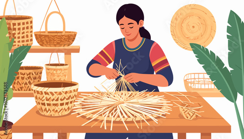 A smiling artisan woman with dark hair meticulously weaving a handmade basket from natural fibers.