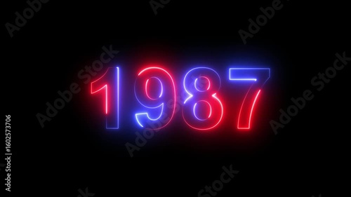 Neon text calendar 1987 animation, glowing neon icon blue and orange colors 4k video. Neon light countdown 1987 Sal number icon background 4k animation.