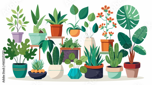 Vector art of a collection of various houseplants in different pots and containers showcasing diverse green leaves and some blooming flowers isolated on a white background