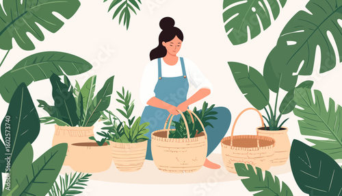 A serene woman in a blue apron tending to her lush green houseplants in woven baskets and pots.