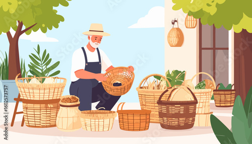Elderly craftsman with a white beard in overalls and a straw hat, kneeling while inspecting a handmade wicker basket.