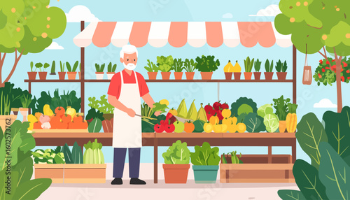 Friendly senior vendor with a white beard selling fresh produce at an outdoor market stall.