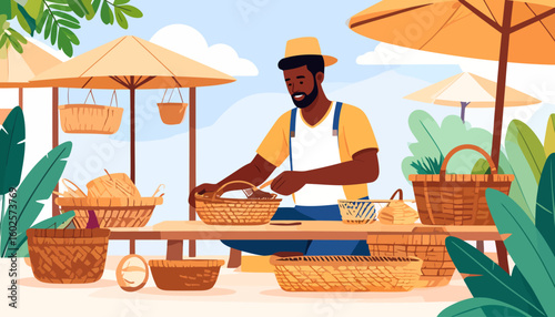 Smiling Black artisan in a hat and apron weaving a handmade wicker basket at his sunny outdoor market stall.