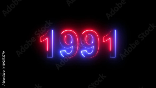 Neon text calendar 1991 animation, glowing neon icon blue and orange colors 4k video. Neon light countdown 1991 Sal number icon background 4k animation.