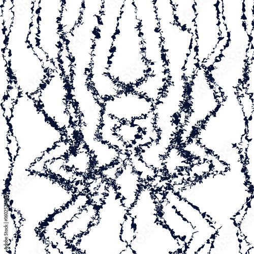 The texture with a lot of noise and stripes forms a symmetrical pattern or spider image.