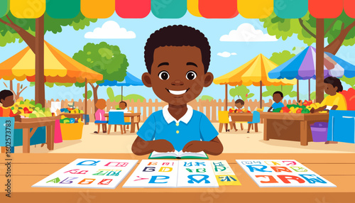 Cheerful young Black boy in a blue collared shirt, happily learning with a book and alphabet cards.